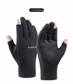 Winter Fishing Gloves Women Men Universal Keep Warm Fishing Protection Anti-slip Gloves 2 Cut Fingers Outdoor Angling (Color: Black)